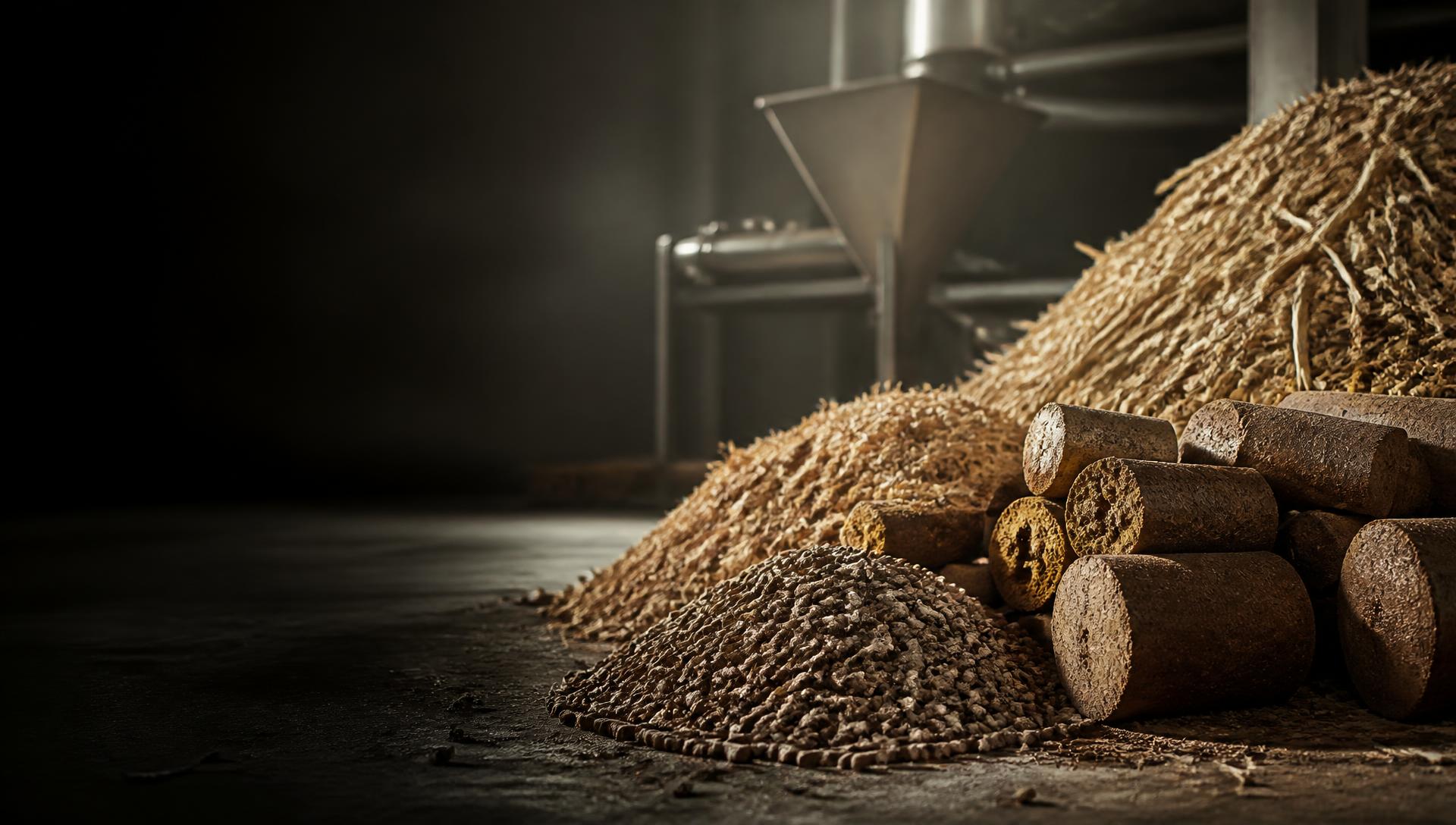 Industrial biomass briquettes and pellets in warm natural light